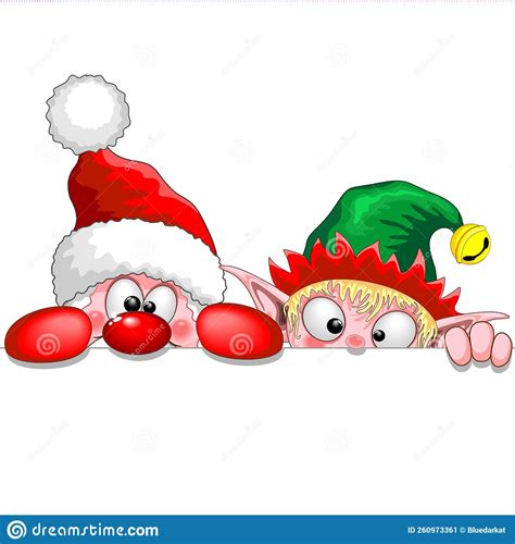 Santa And Elf Cute And Funny Christmas Cartoon Characters Peeking From