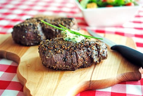 pepper crusted filet mignons with blue cheese chive butter recipe filet mignon stuffed