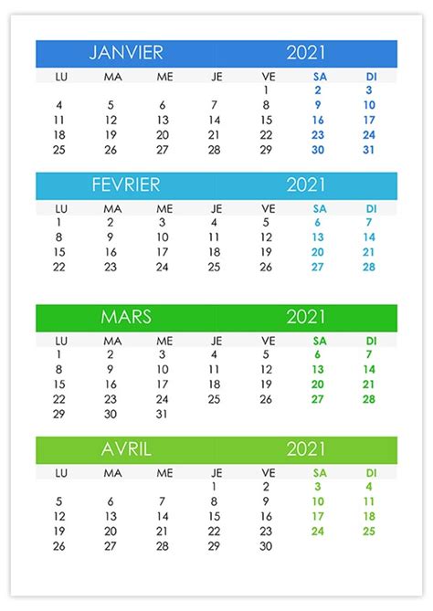 Calendrier janvier, février, mars, avril 2021 – calendrier.su