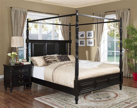 Annett white wood queen bed with storage by poundex. Martinique Rubbed Black Canopy Bedroom Set With Drapes ...