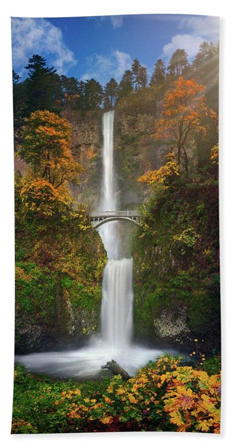 Multnomah Falls In Autumn Colors Panorama Bath Towel For Sale By