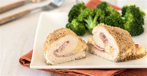 Chicken cordon bleu is a classic chicken dish stuffed with cheese and ham and then the chicken gets breaded and cooked in oil. Healthy Baked Chicken Cordon Bleu Recipe | Hungry Girl