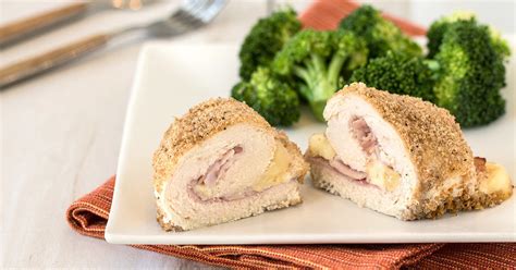 Chicken cordon bleu is a dish composed of chicken breasts, ham, and swiss cheese. Healthy Baked Chicken Cordon Bleu Recipe | Hungry Girl