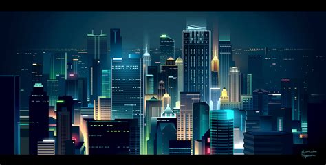 Romain Trystam Digital Art Cityscape City Lights Colorful Skyline