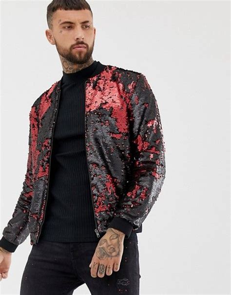 River Island Sequin Bomber Jacket In Black And Red Sequin Bomber
