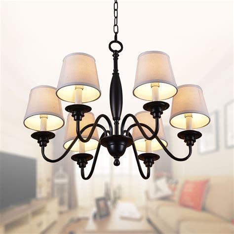 6 Light Black Wrought Iron Chandelier With Cloth Shades Dk 7057 6