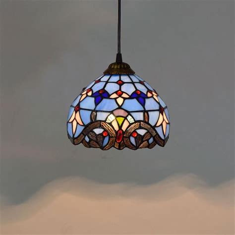 European 8 Inch Vintage Tiffany Hanging Lamps Blue Stained Glass