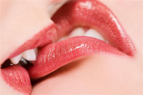 Women Biting Lip Kissing Lesbians Lips Closeup Juicy Lips