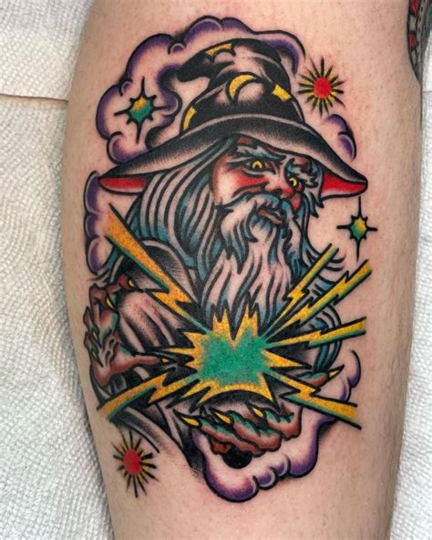 Traditional Style Wizard Tattoo Done On The Calf