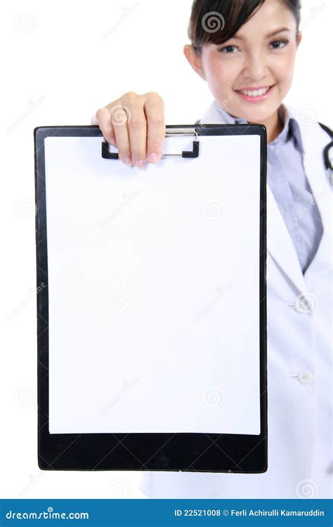 Woman Doctor Nurse Showing Blank Clipboard Stock Photo Image Of