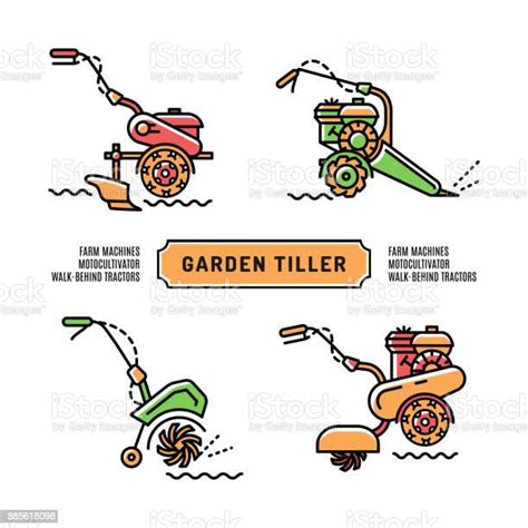 Set Icons Garden Tiller On A White Background Isolated Icons In The