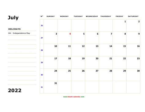 Free Download Printable July 2022 Calendar Large Box Holidays Listed