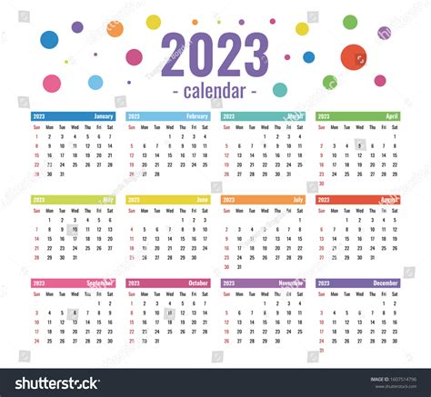 2023 Calendar Template Everyday Use Colorful Arkivvektor Royaltyfri