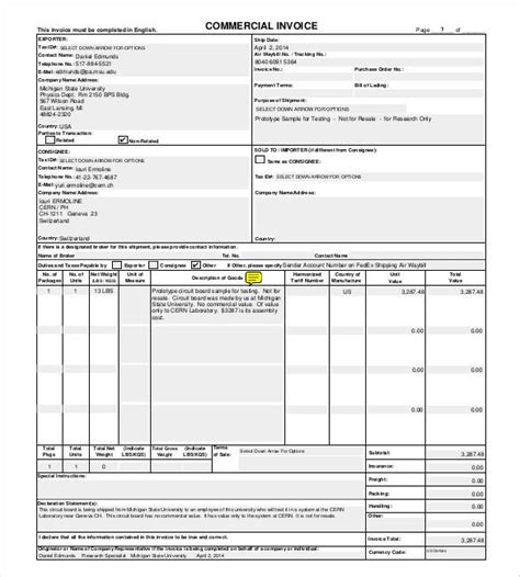 Commercial Invoice Template Pdf Fillable