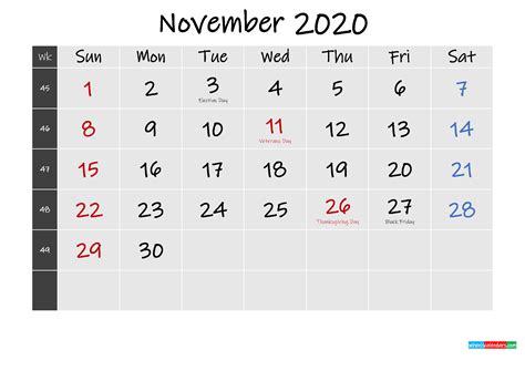 Printable November 2020 Calendar Word Template K20m263