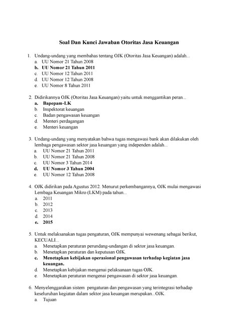 Soal Dan Kunci Jawaban Otoritas Jasa Keuangan Economy Sma Negeri
