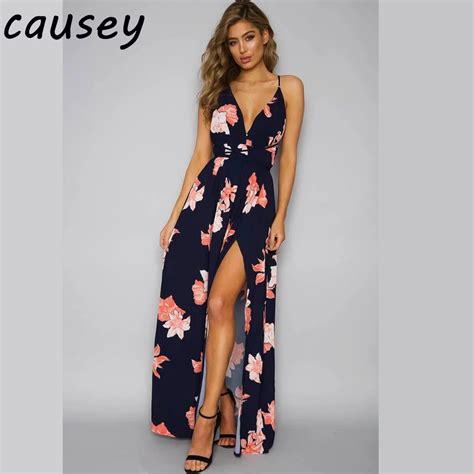2018 Women Floral Printed Maxi Dress Summer Side Split Sundress Sexy Backless Casual Women Strap