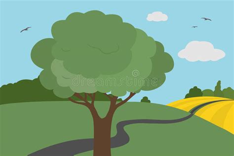 Cartoon Colorful Illustration Of Mountain Landscape With Hill Path And