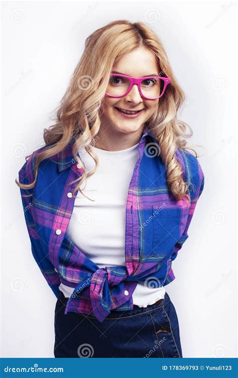 Young Pretty Blond Teenage Hipster Girl In Glasses Posing Emotional