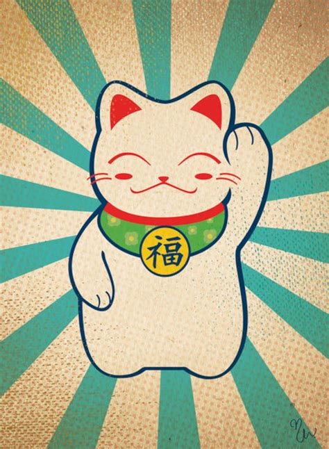 Lucky Cat Art Print Japanese Good Luck Maneki Neko Kawaii Etsy