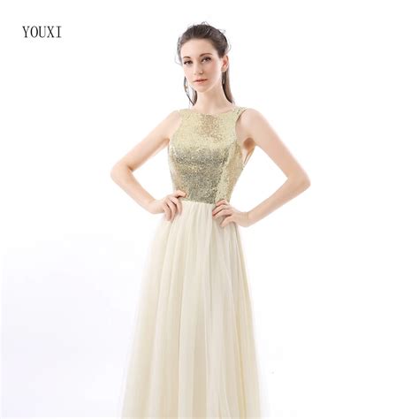 Charmming Chiffon Tulle With Top Champagne Gold Sequin Bridesmaid Dress