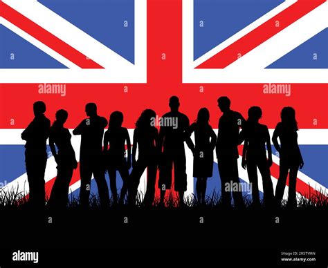 Silhouettes Of Young People On Union Jack Flag Background Stock Vector