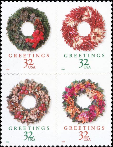 Four 4 Vintage Christmas Postage Stamps Christmas Wreaths 32c 32