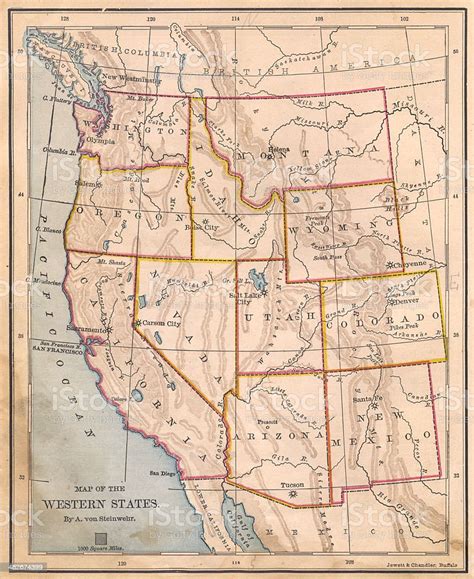 Old Color Map Of Western United States From 1800s Stock Photo And More
