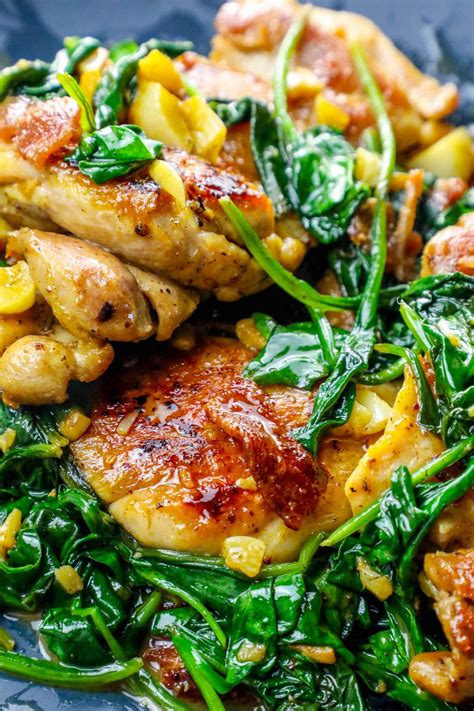 Crispy mustardy chicken thighs with spinach seconds. One Pot Bacon Garlic Chicken and Spinach Dinner