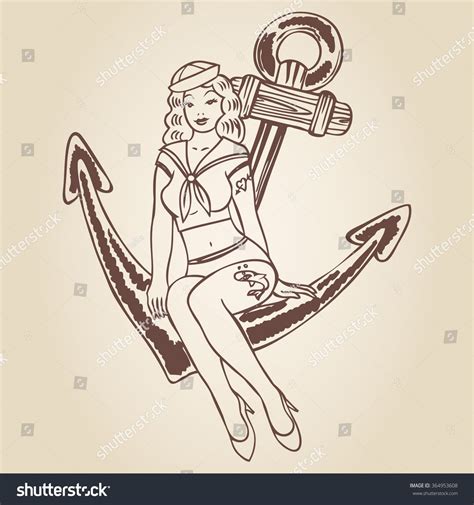 Vintage Pinup Sailor Girl Sitting On An Anchor Girls With Sleeve Tattoos Sailor Tattoos