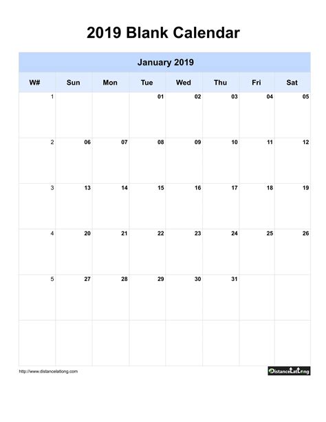 Blank Calendar 2019 One Month Per Page Sunday To Saturday With Week