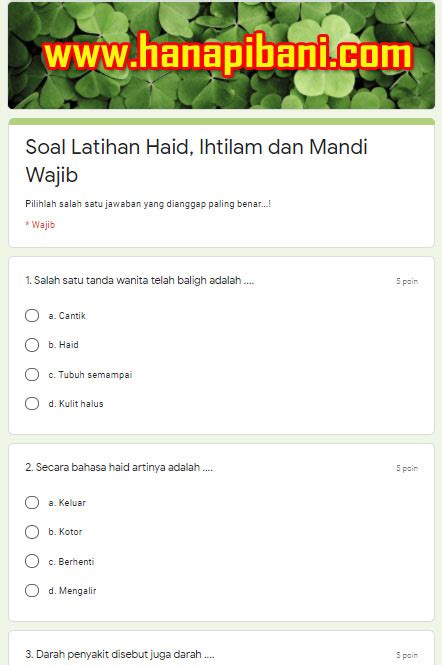 Mandi wajib menjadi salah satu lawan dari mandi biasa yang di lakukan dalam keseharian bertujuan untuk membersihkan badan saja. √ √ Soal Latihan mengenai "Haid, Ihtilam dan Mandi Wajib ...