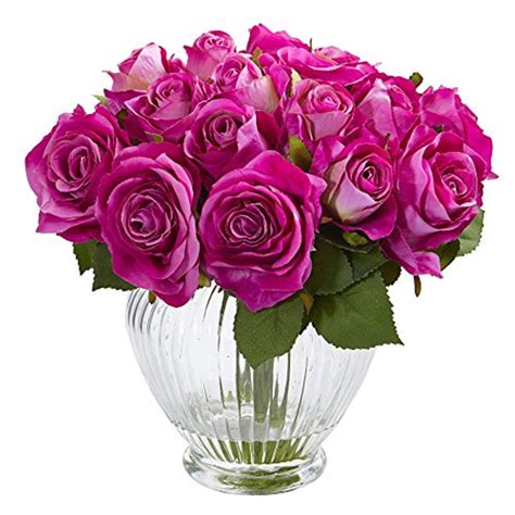 Nearly Natural 9 Rose Artificial Floral Arrangement In Elegant Glass