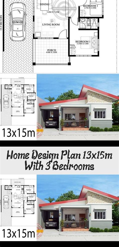 Home Design Plan 13x15m With 3 Bedrooms In 2020 73d