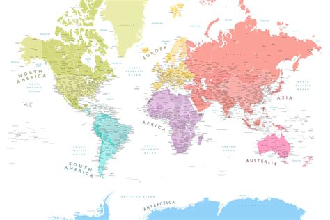 Kort Over Detailed World Map With Continents In Pastels ǀ Bykort Og