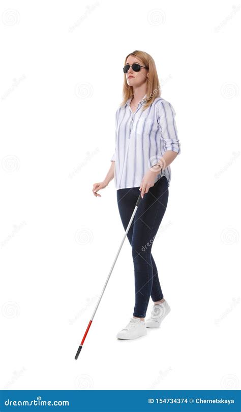 Blind Woman In Dark Glasses With Walking Cane On White Stock Photo