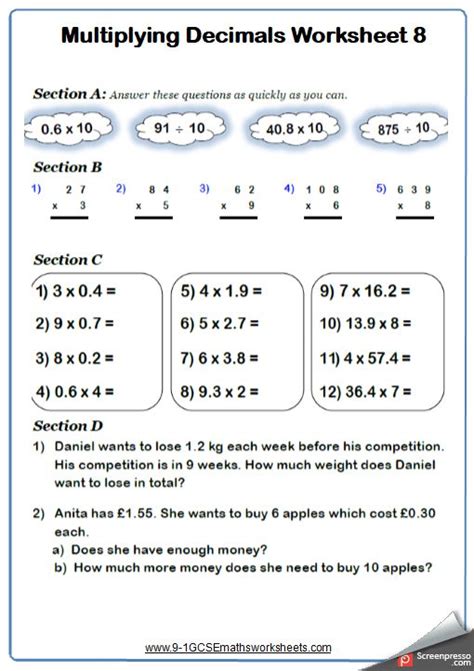 Multiplying Decimals A Maths Worksheet And Answers Gcse Foundation