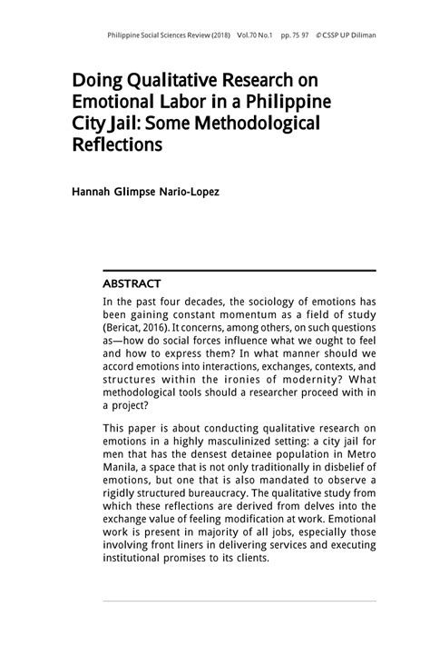 The suggestions are applicable to qualitative, quantitative, and humanities research, and they are guided by realistic examples in philippine settings. (PDF) Doing Qualitative Research on Emotional Labor in a Philippine City Jail: Some ...