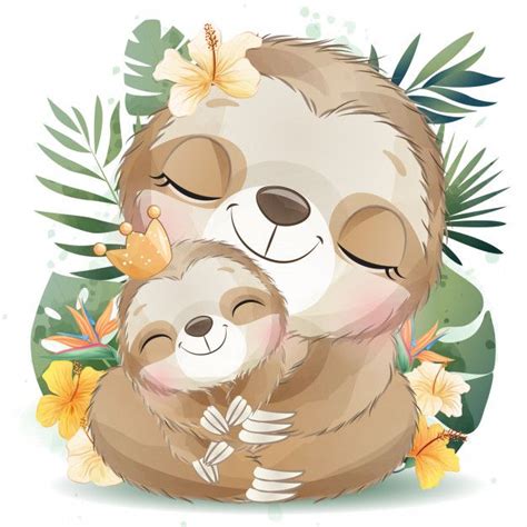 Cute Sloth Mother And Baby With Watercolor Cute Baby Sloths Cute