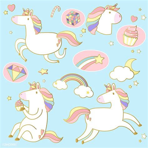 Cute Unicorns With Magic Element Stickers Vector Free Image By