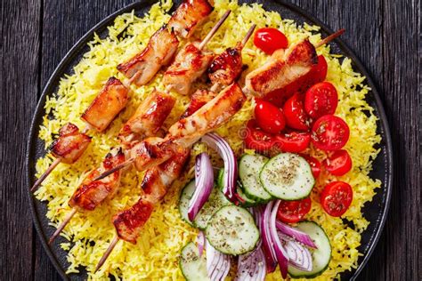 Bbq Chicken Kebabs With Saffron Rice And Veggies Stock Photo Image Of