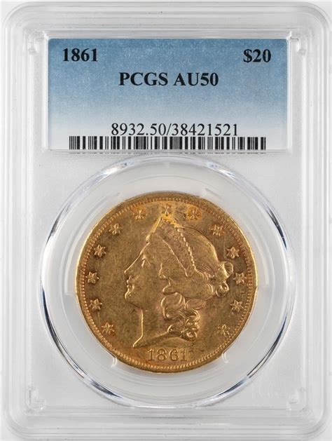 1861 20 Liberty Head Double Eagle Gold Coin Pcgs Au50
