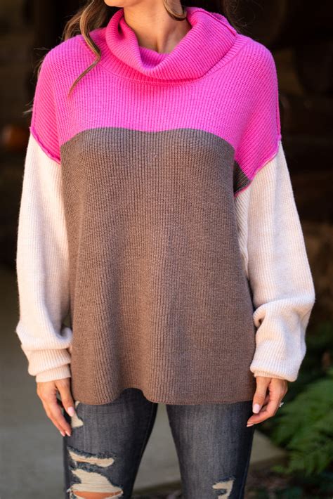 Cozy Pink Cowl Neck Sweater Colorblock Shop The Mint