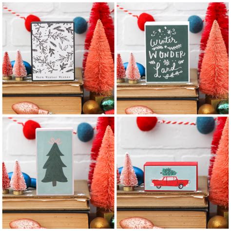 Four Pictures Of Christmas Trees And Cards On A Table With Red Balls In