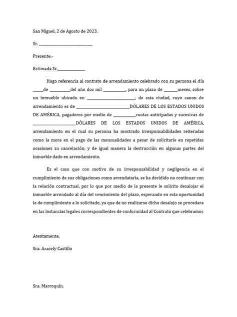 Ejemplo Carta Desahucio Arrendamiento Pdf