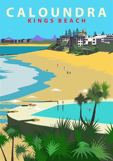 Australian Retro Travel Poster Kings Beach Caloundra Travel Posters