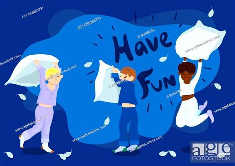 Boy Pillow Fight Illustration In Blue Colors Vector Image Stock