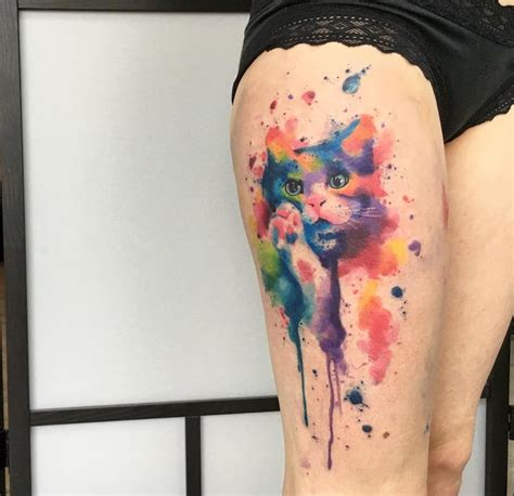 Cat Colorful Watercolor On Womans Thigh