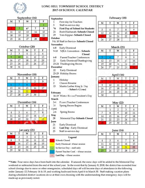2017 2018 District Calendar Long Hill Township School System New