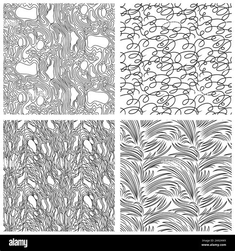 four abstract seamless patterns with black chaotic and randomly lines on the white background